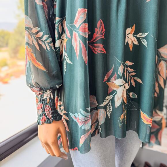 NWT-Gimmicks by Buckle, Leaf Print Mesh Henley Long Sleeve Top, Women’s X-Small - Picture 9 of 12